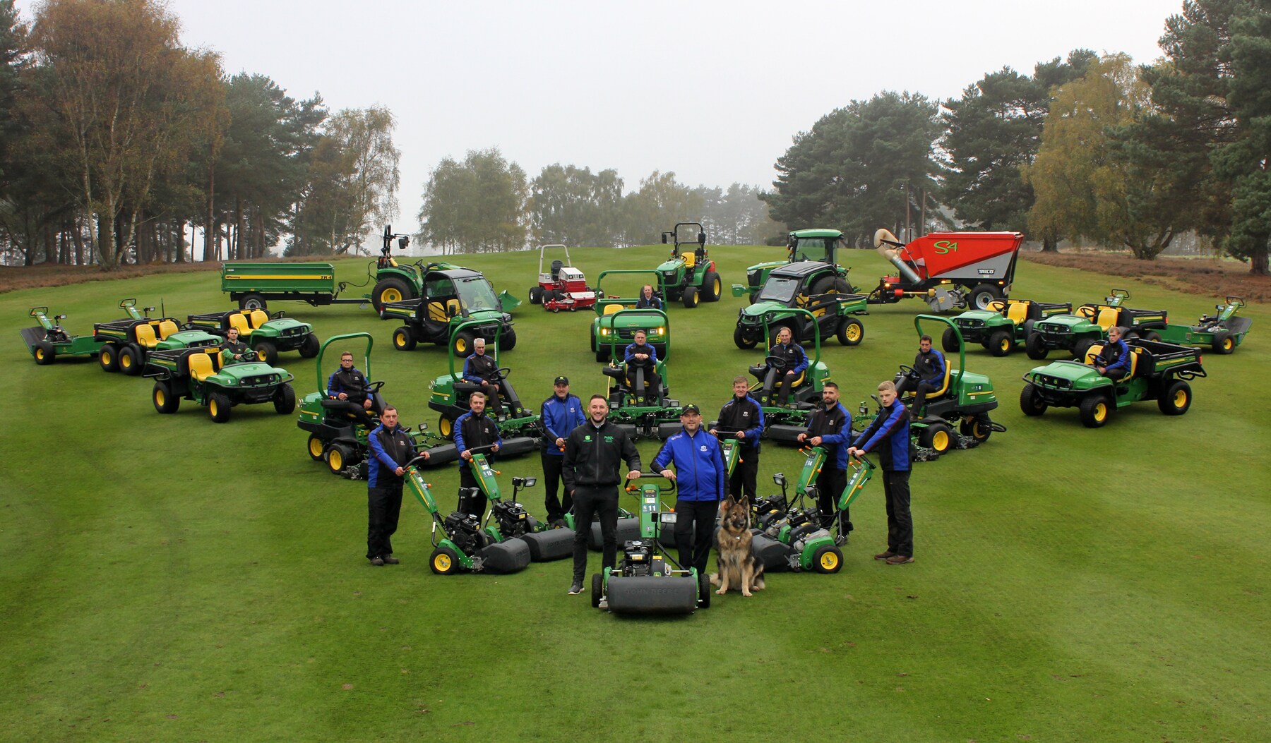 Enville course manager Andy Wood (front right with Leo), dealer Jacob Shellis of Farol and the greenkeeping team with the club’s new equipment fleet.